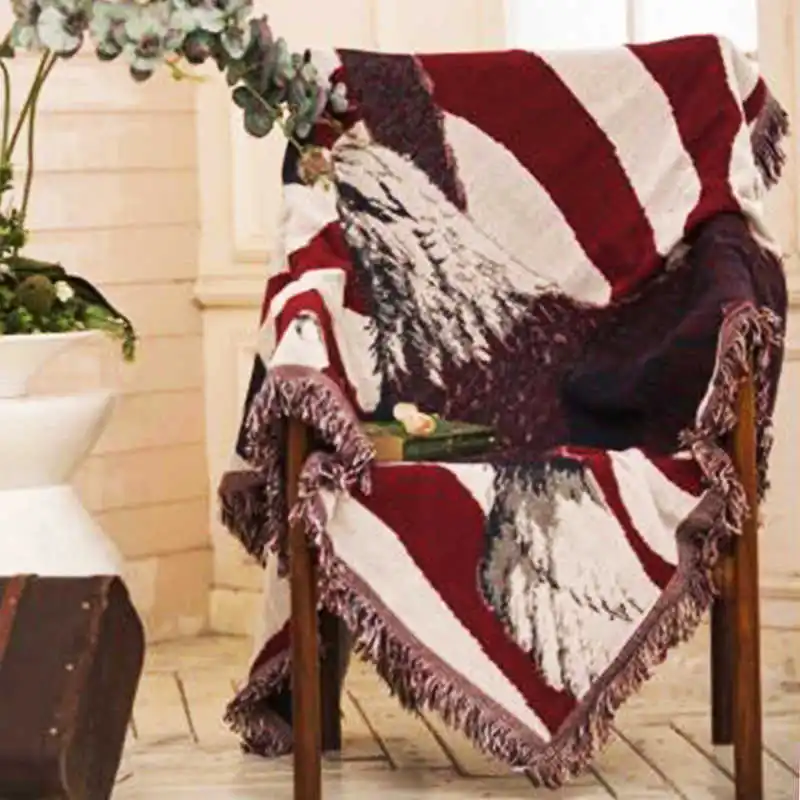 

Knitted Sofa Throw Blanket 130x180cm American Flag Eagle Design Cotton Fabric Warm Quilt Chair Couch Floor Cover Home Decoration
