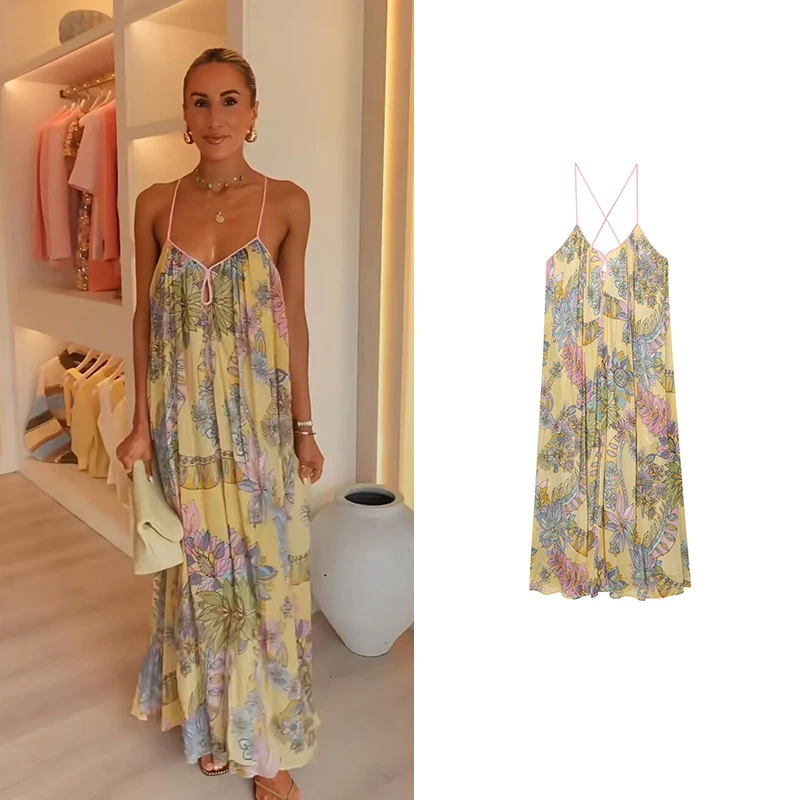 ฤดูร้อนชุดสตรี 2025 ใหม่แฟชั่นพิมพ์หลวม V คอ Camisole Elegant ผู้หญิงฤดูร้อนชุดยาว Chic Youth Party Dress
