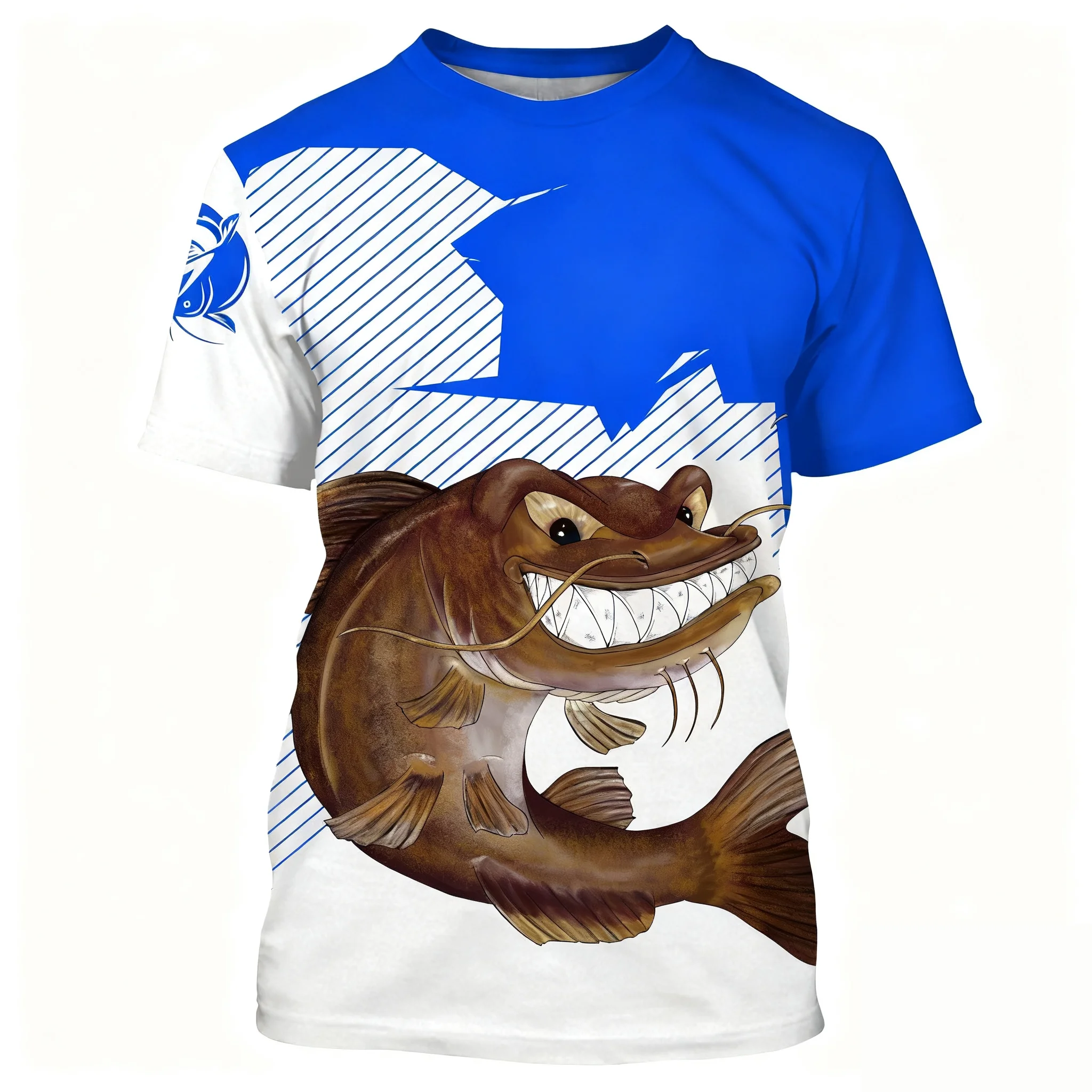 قميص صيد فضفاض بأكمام قصيرة مطبوع عليه سمكة السلور الكرتونية، سريع الجفاف، ماص للعرق، ملابس رياضية مريحة لصيد الأسماك