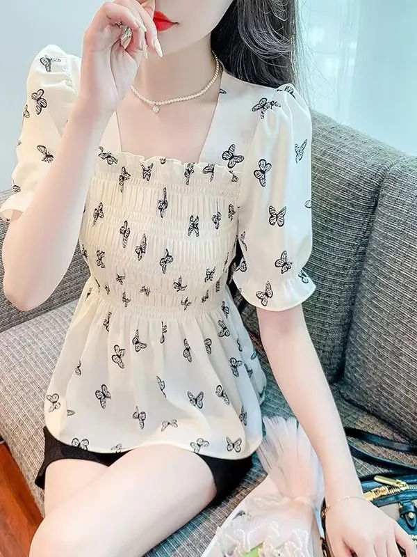 French Style Short Sleeve Women's Shirt Square Collar Print Chiffon Top Waist-Cinching Cover-Up Summer Fashion