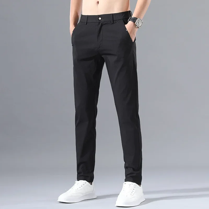 2024 NEW Men Summer Slim Fit Ice Silk Chinos and Khkis Trousers Trendy High-End Stretch Business Casual Pants Spring