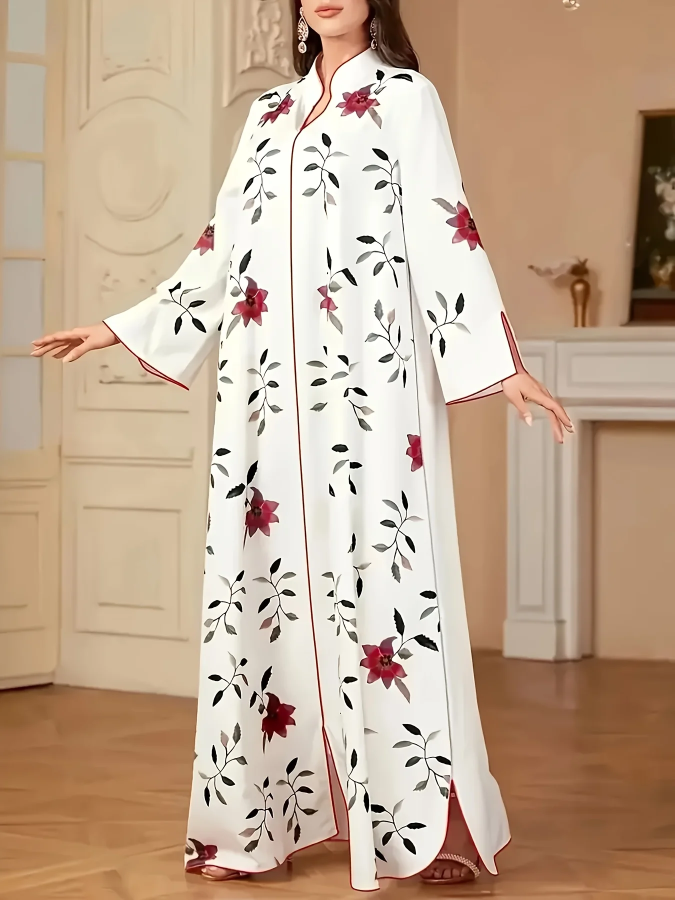 Ladies' Elegant Ramadan Eid Muslim Print V-Neck Long-Sleeved Loose A-Line Skirt with Slit Hem Long Skirt