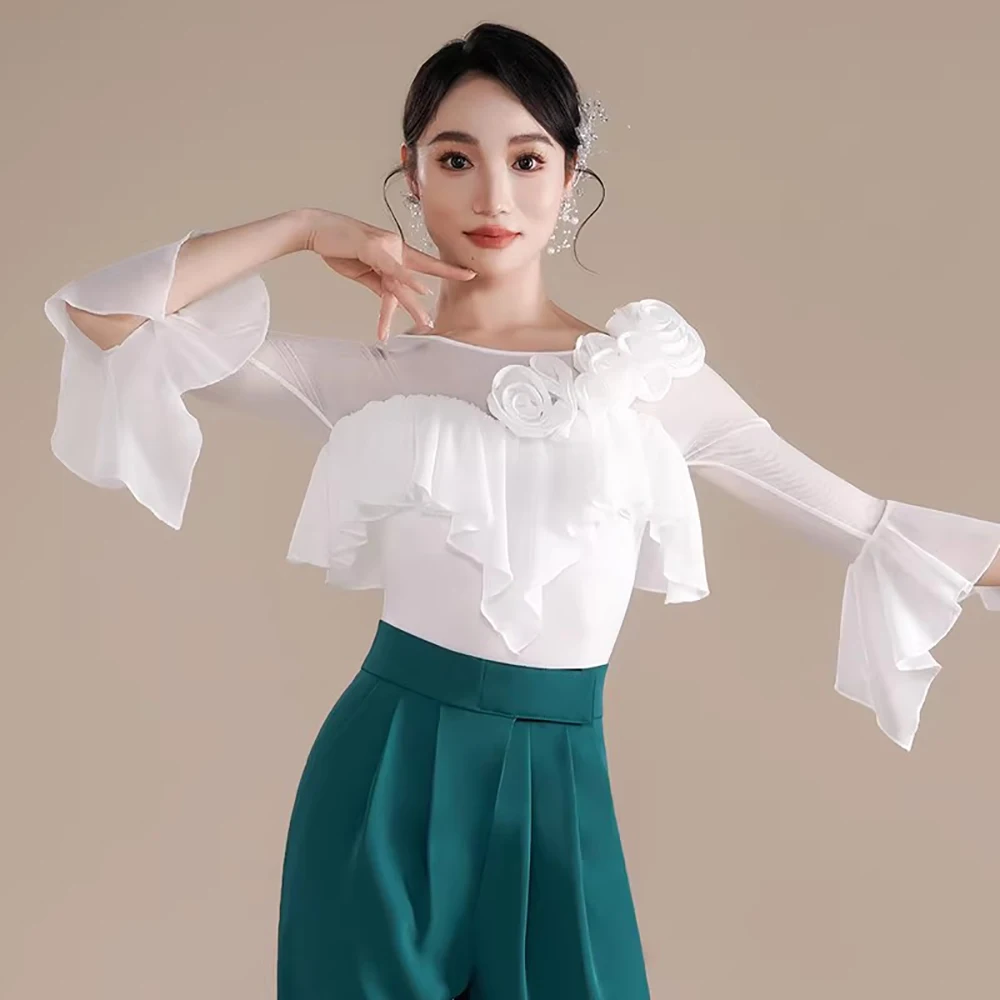 

Топ для латиноамериканских танцев для женщин, боди для бальных танцев, блузка с рюшами и расклешенными рукавами для вальса, танго, сальсы, ча-ча-ча, сценическая одежда, рубашка