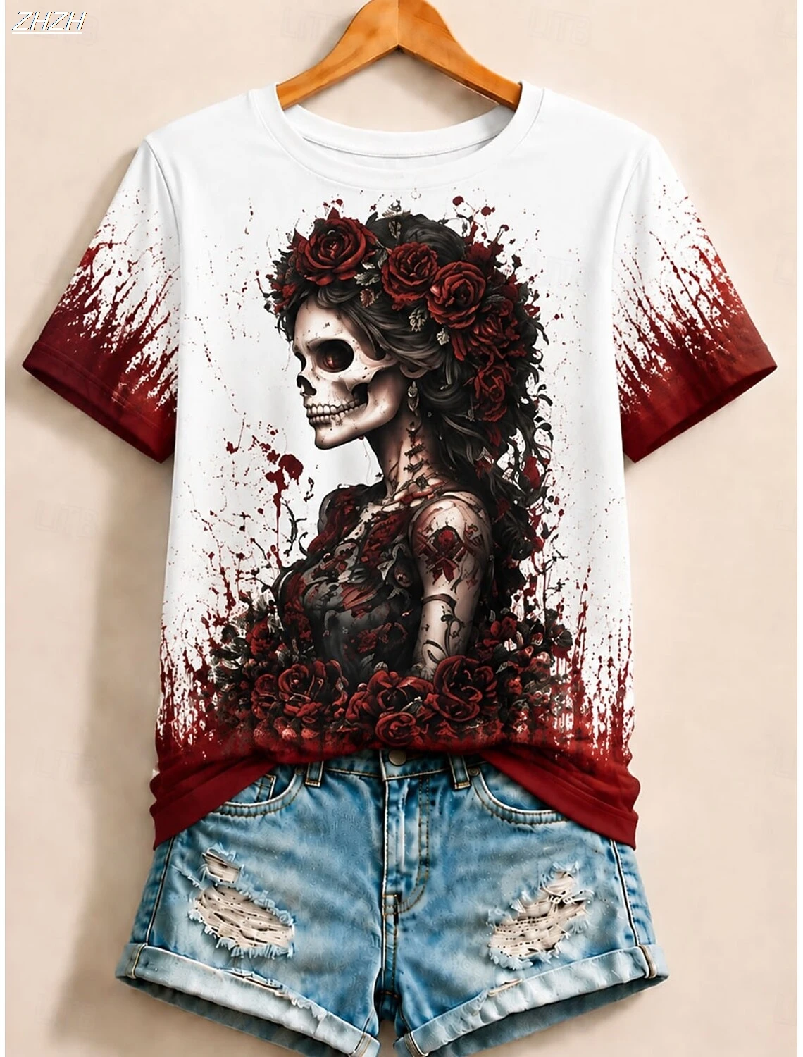2026 Halloween Women's  T Shirt Print Floral Graphic Skull Vintage Stylish Classic Short Sleeve Crew Neck Regular Tops
