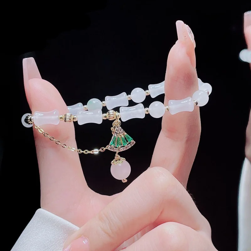 New Tianshan Jade Bracelet for Women round Beads Hollow Bead Design Beaded Jade Scenic Spot Temple Blessing Card Bracelet