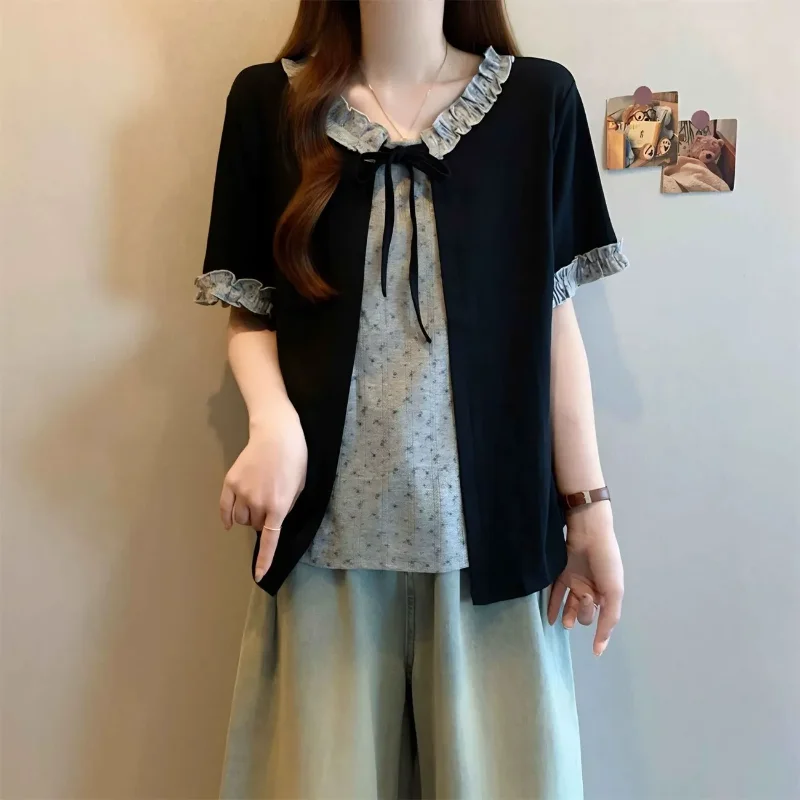 Women 2 In 1 Ruffle Short Sleeve Blouse Bow Tie Fake Two Piece Floral Spliced Casual Summer Tops