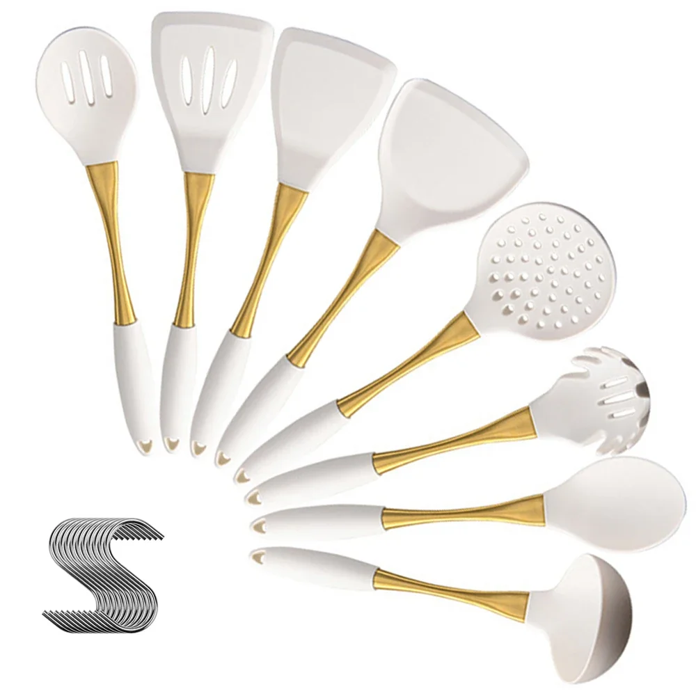 8Pcs White Gold Silicone Kitchenware Cooking Utensils Kitchen Accessories Spatula Turner Heat-resistant Pasta Colander Shovel