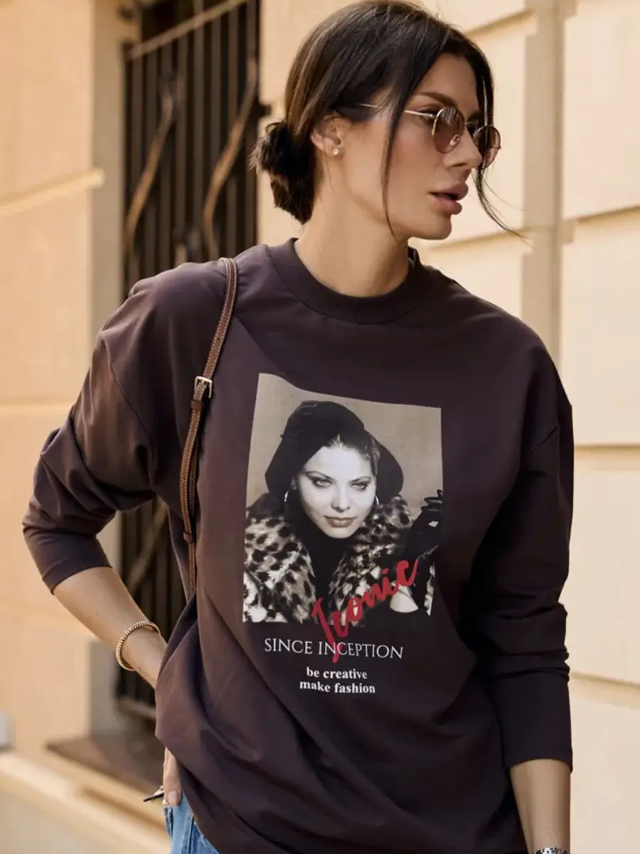 

Ретро темно-серые рубашки из чистого хлопка с круглым вырезом во французском стиле ретро женские сексуальные тонкие толстовки с принтом женские уличные топы модная осень