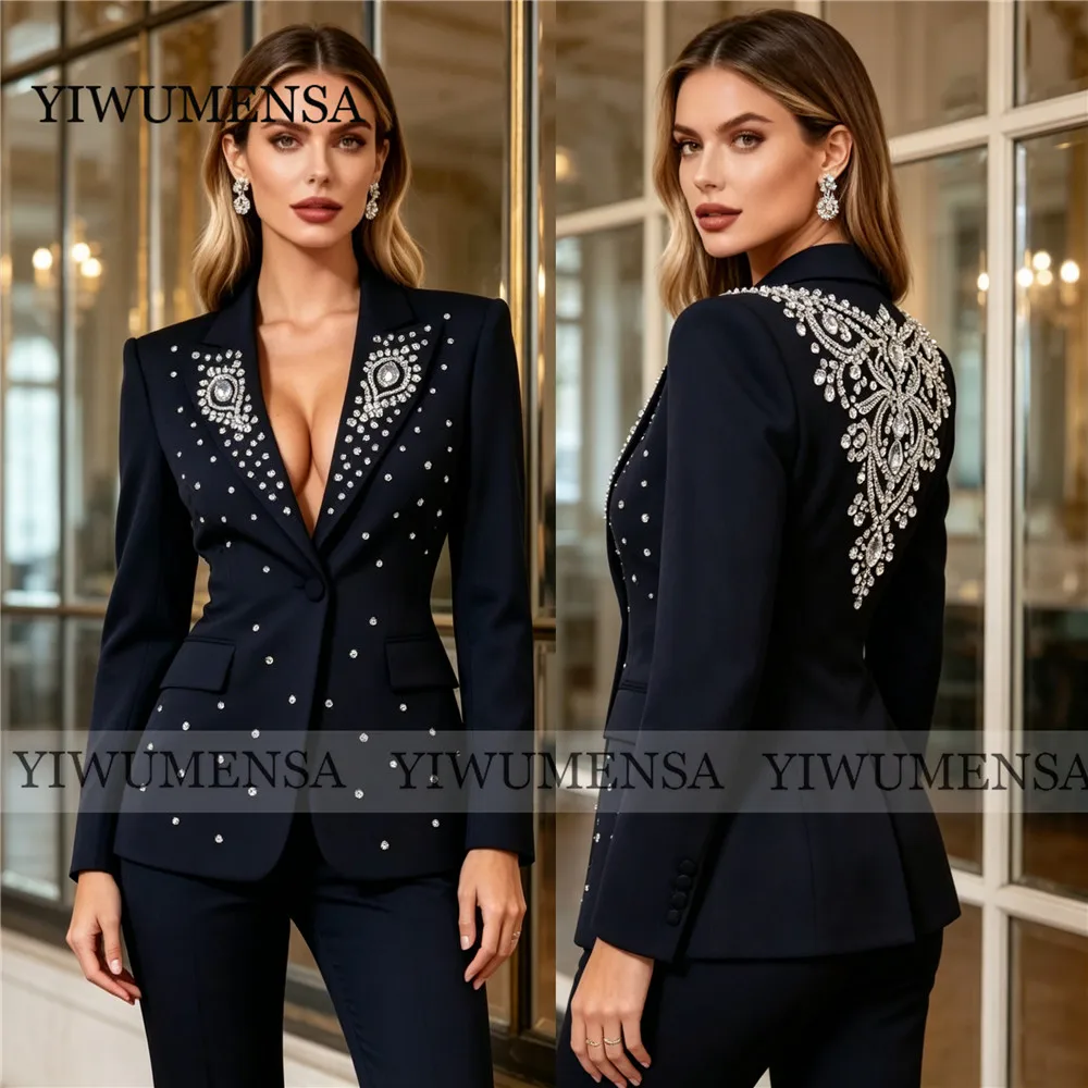 Luxury Rhinestones Baded Suit Women Formal Wear Single Breasted Jacket Pants 2 Piece Sets Lady Wedding Tuxedo Attire Prom Blazer
