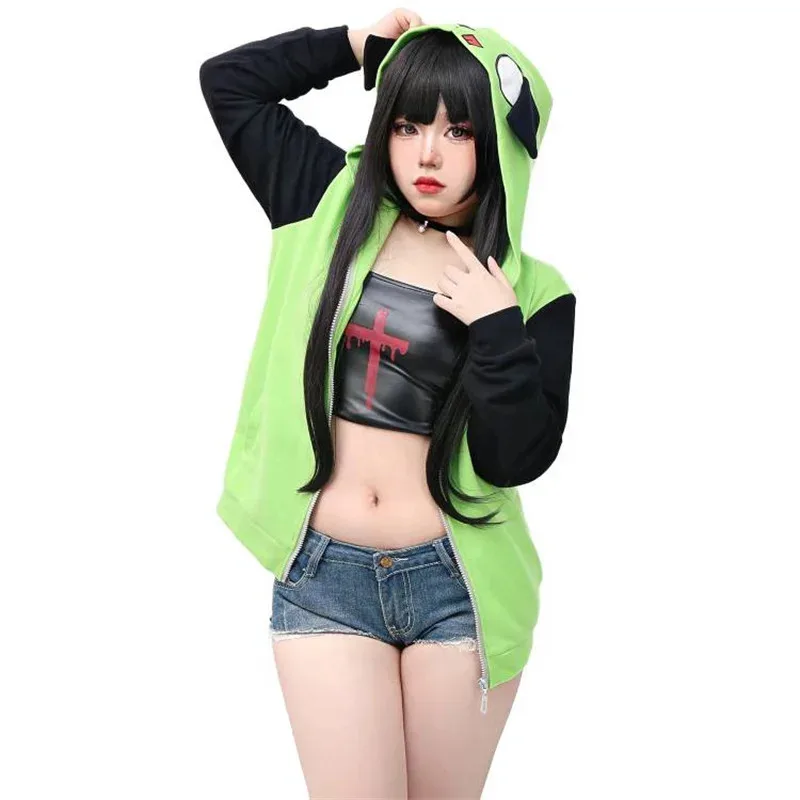 Invader Cosplay Zim Hoodie Kostum Halloween Kasual Berkerudung Zip Up Jaket Pullover Kaus dengan Telinga untuk Kostum Halloween