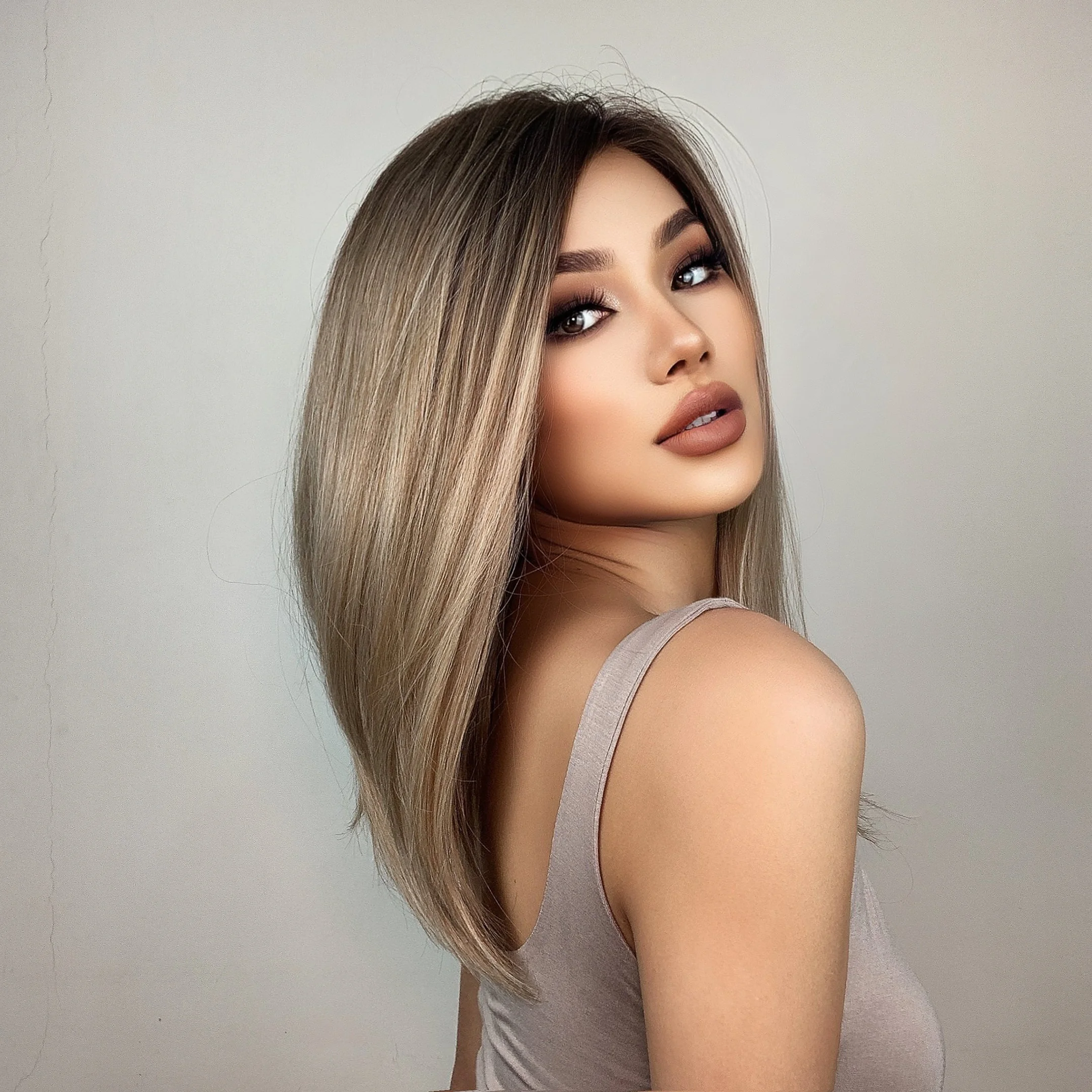 LOUIS FERRE 13*1 Lace Frontal Brown Synthetic Wigs Long Ombre Sandy Brown Straight Wig Natural Fluffy Daily Heat Resistant Fibre