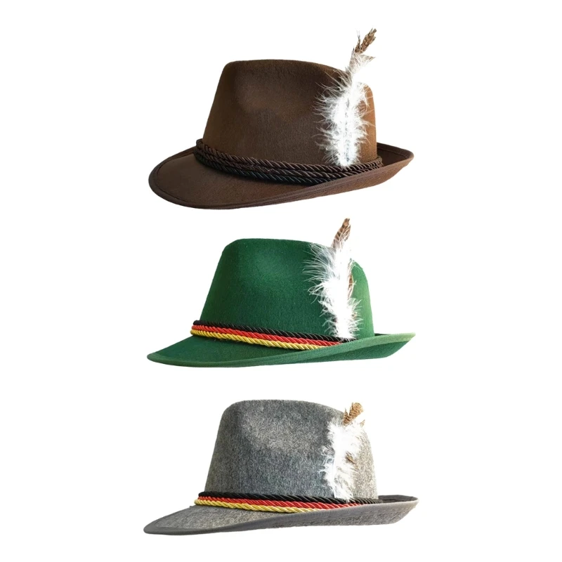 Fashion Western Felt Fedora Hat Wide Feather Octoberfest German Jazzs Hat HXBA