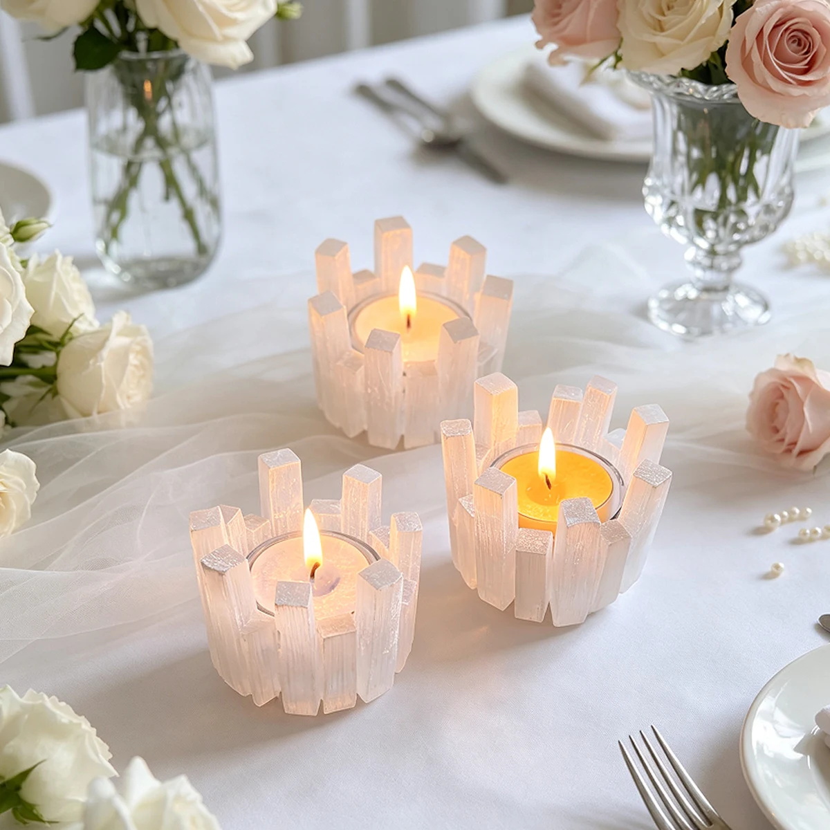 1pc Moroccan Selenite Candle Holder, Irregular Cylindrical Raw Crystal Tealight Lamp, Handmade Reusable Stone Ornament, Wedding