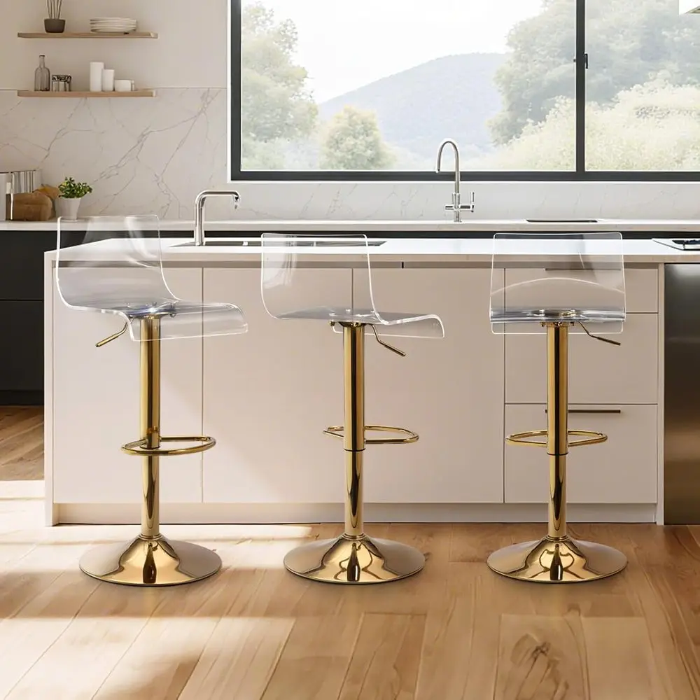 

Set of 3 Swivel Acrylic Bar Stools, Transparent with Gold Accents, Adjustable Height for Kitchen and Dining Rooms
