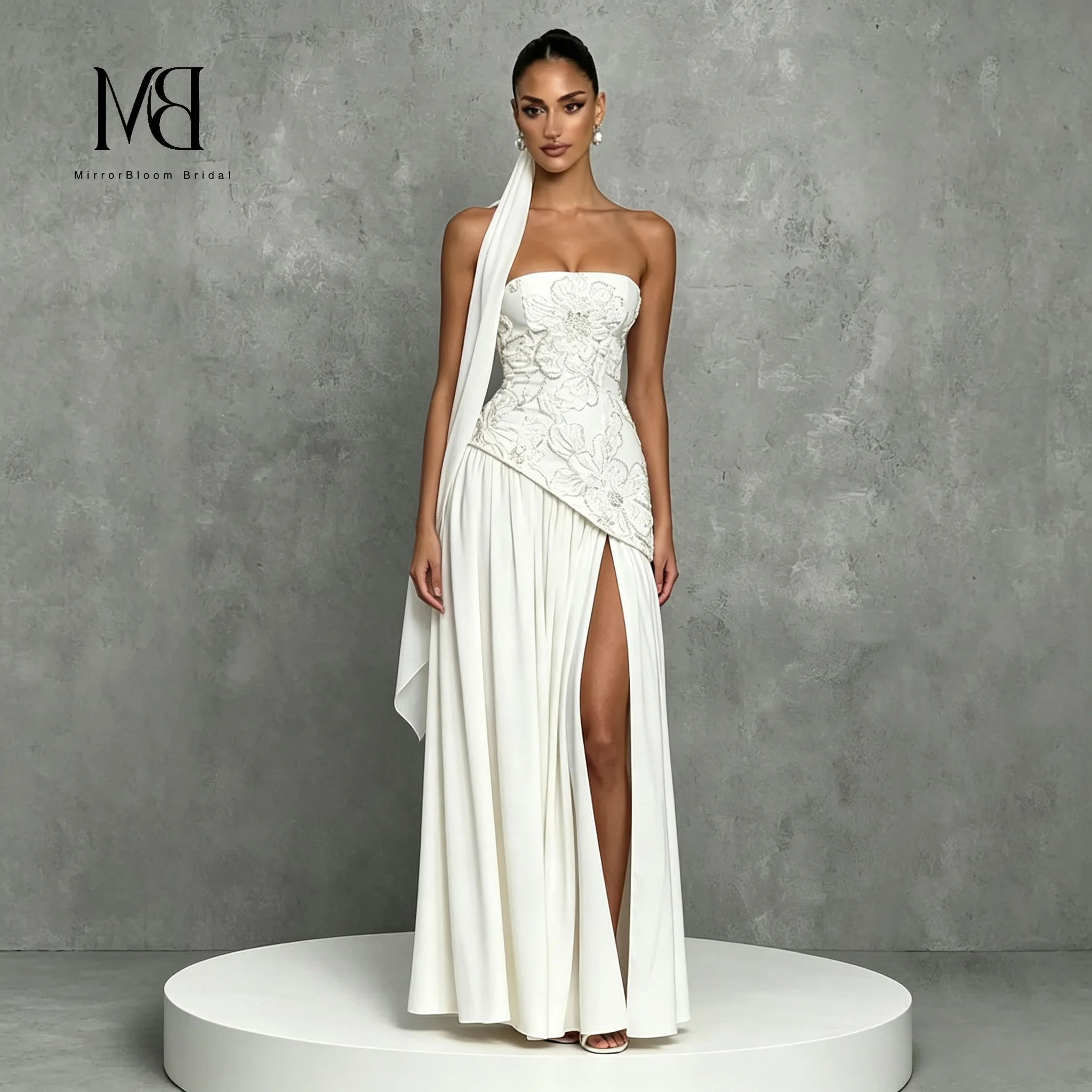 MirrorBloom Wedding Evening Gown For Women Beaded Floral Embroidery Corset High Slit Formal Prom Party Dress Customized