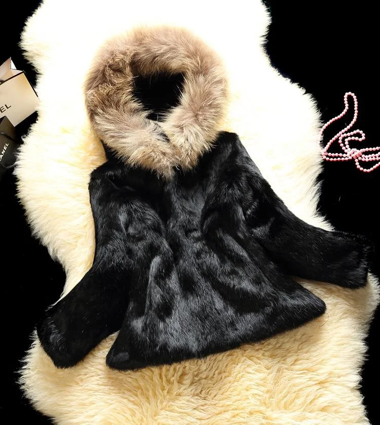 New Real genuine natural rabbit fur coat with raccoon fur hood women's fashion jacket outwear custom any szie