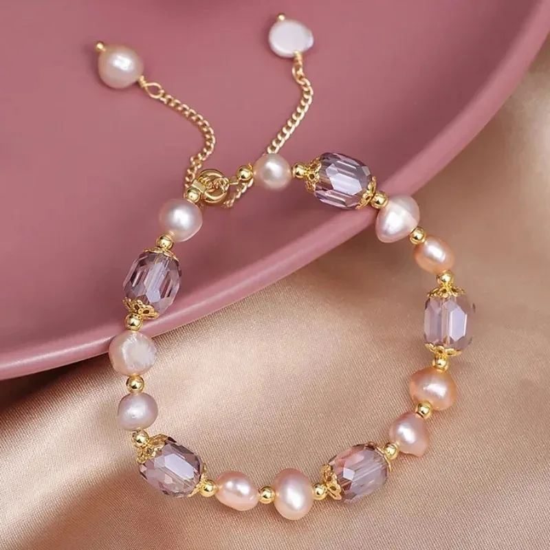 Fashion Elegant Imitation Pearls Bracelet for Women Vintage Adjustable Size Purple Crystal Bracelets Nice Girls Jewelry Gifts