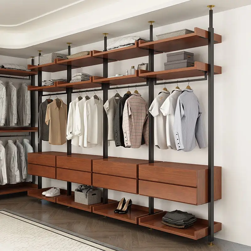 Wrought iron coat rack Bedroom floor-to-ceiling walk-in metal hanger Top-to-ground type Wall-mounted open wardrobe