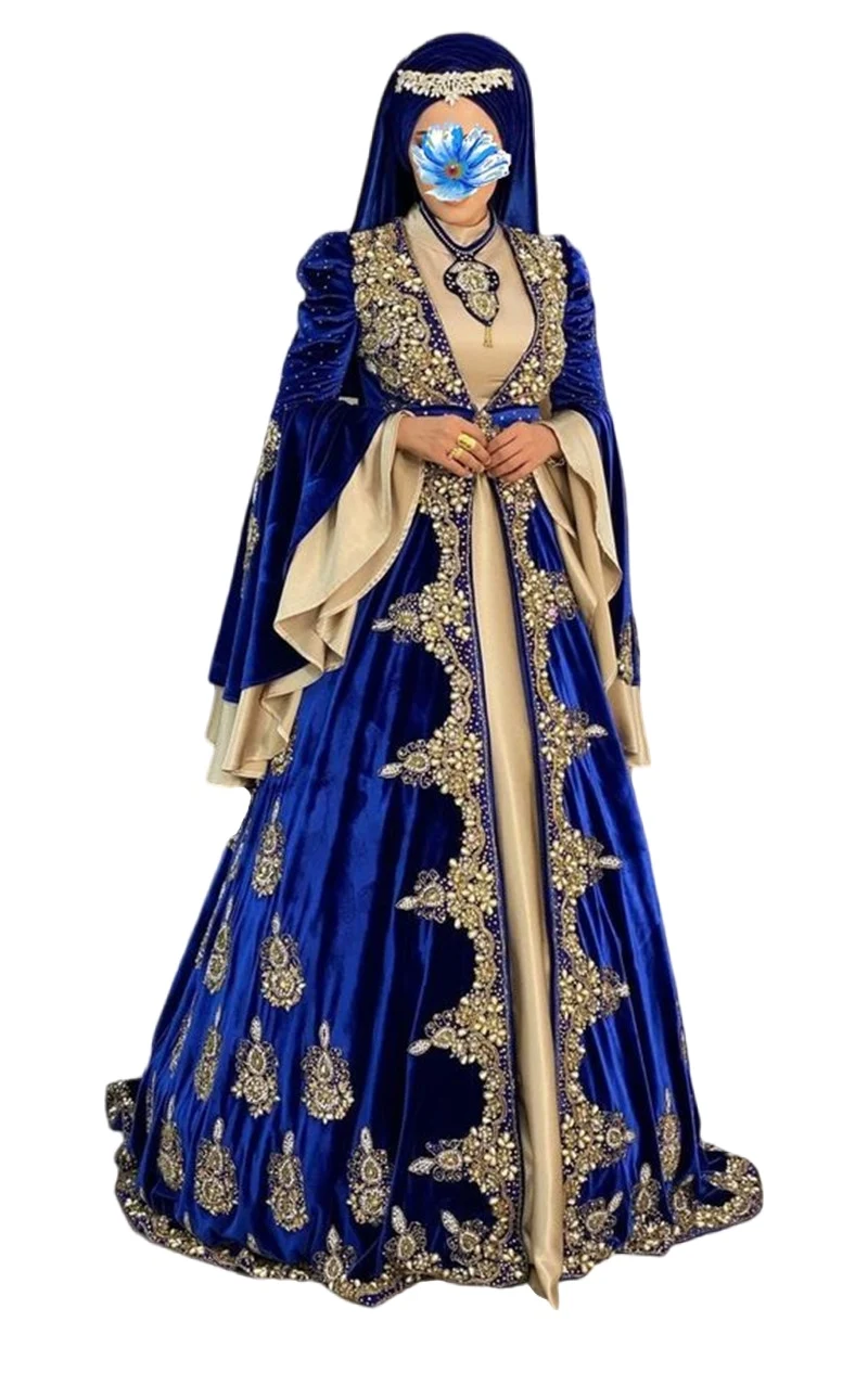 Moroccan Kaftan Evening Dresses Long Flare Sleeve Royal Blue Crystal Beaded Arabic Dubai Abaya Formal prom Party Gowns