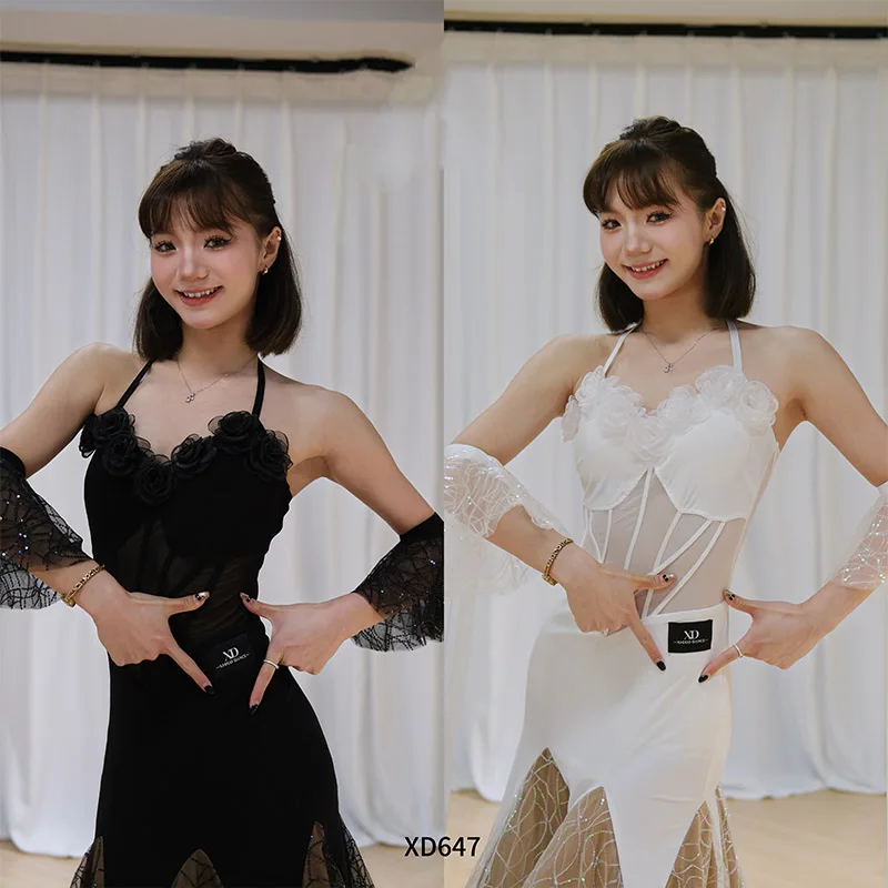 Ballroom Dance Competition Dress Women Waltz Dance Costume White Black Flower Lace Sequin Long Dress Tango Dance Dress BL17393