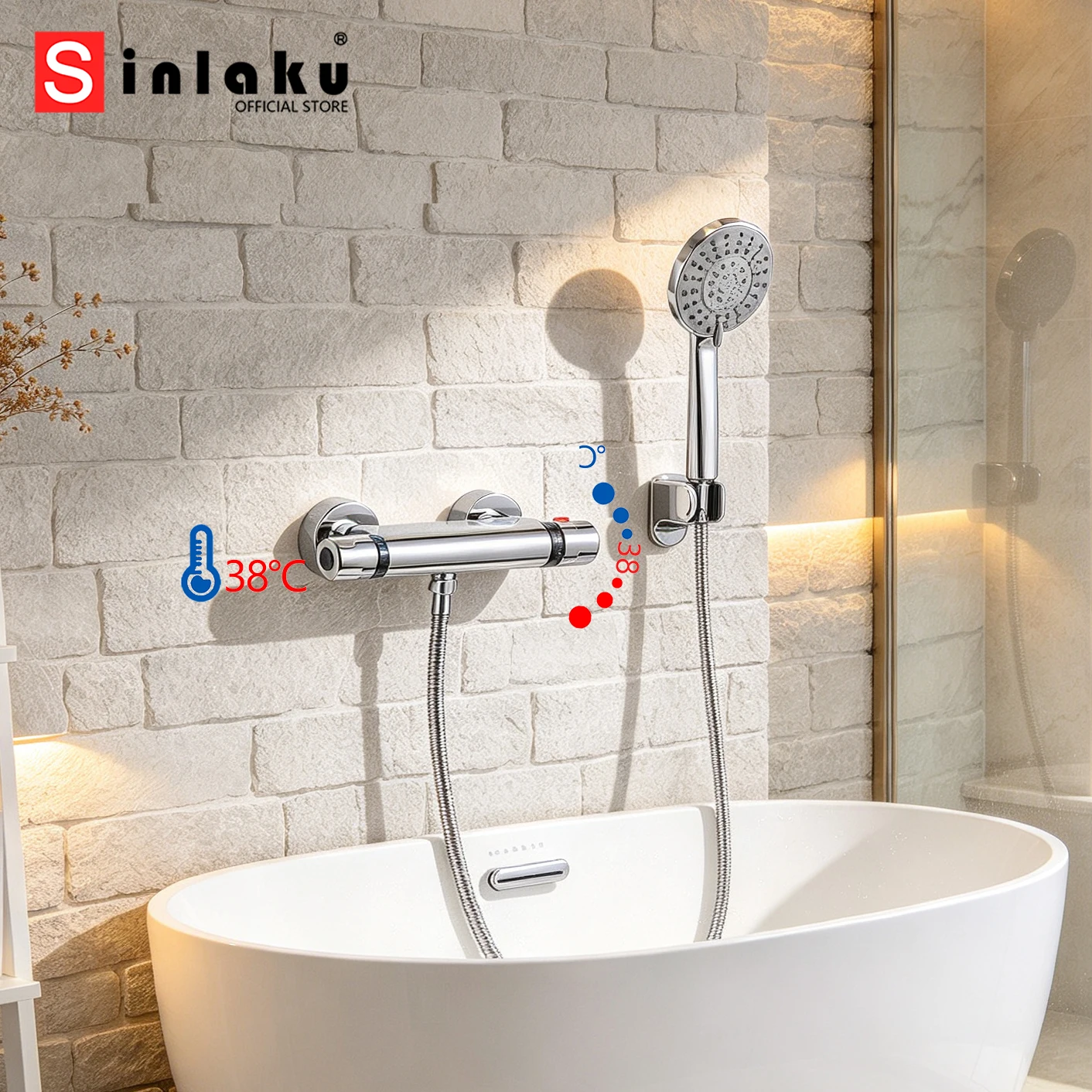 SINLAKU Thermostatic Bathtub Bathroom Chrome Shower Faucet Set Tub Wall Mounted Sink Faucets Shower Systerm Bath Mixer Tap