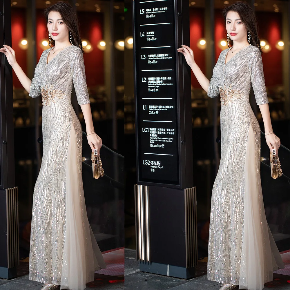 Champagne Straight Evening Party Dress Gown Female Bling Sequins V-Neck Sexy Qipao Mesh 3/4 Sleeve Cheongsam Zipper Vestidos