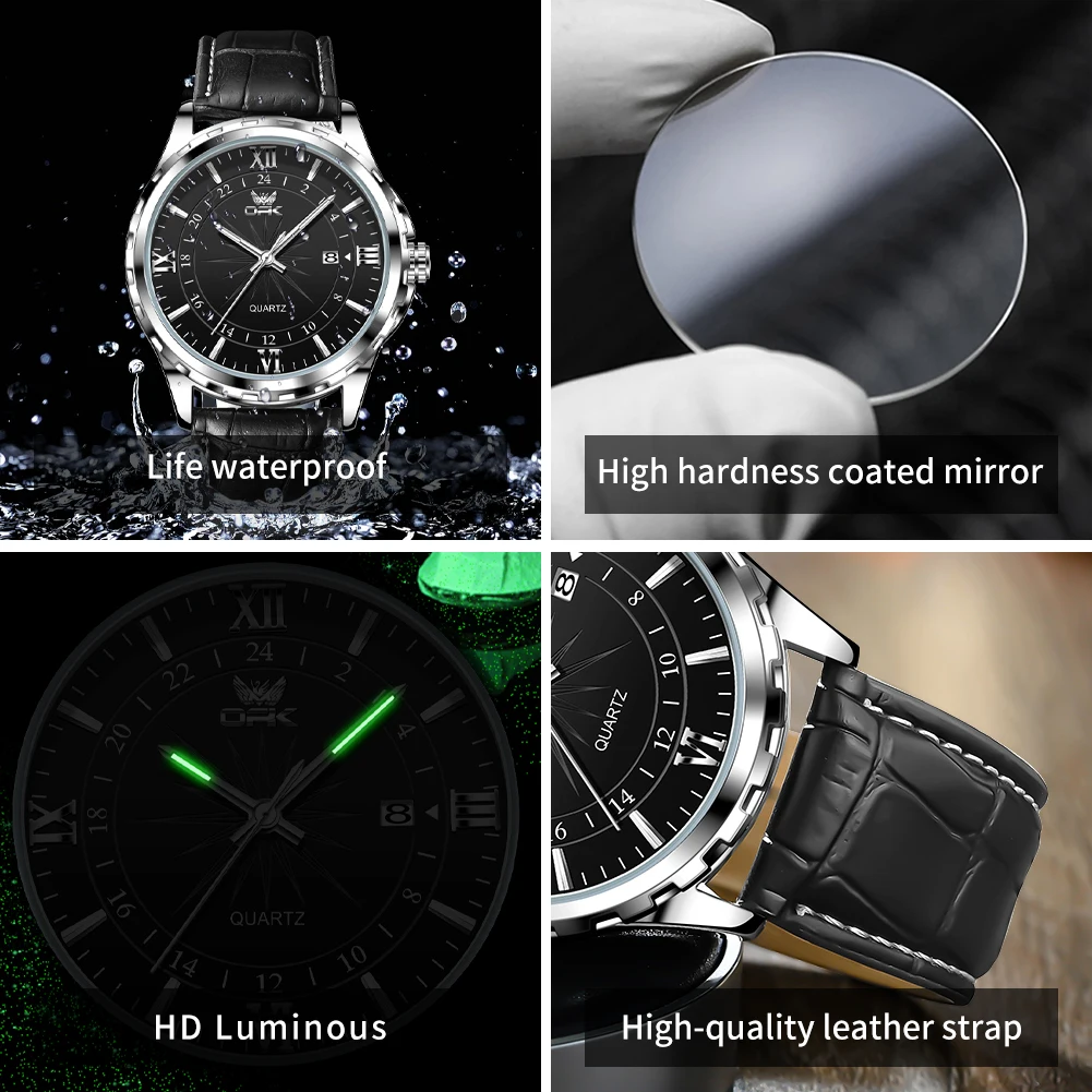 OPK Quartz Watch Men Comfortable Leather Strap Waterproof Fashion Dress Wristwatch Man