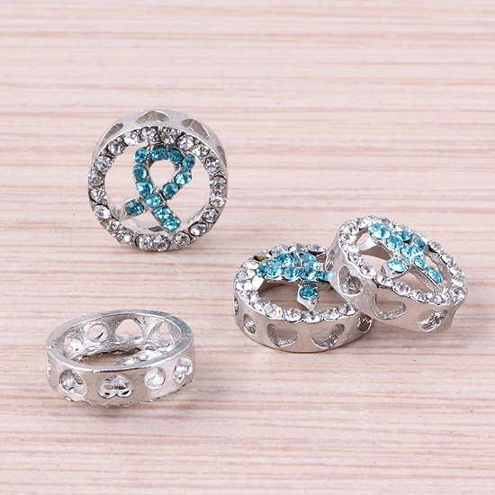 5pcs Clear Sapphire Rhinestone Blue Ribbon In Round Pierced Love Heart Connector Beads Charms Jewelry Accessories Findings