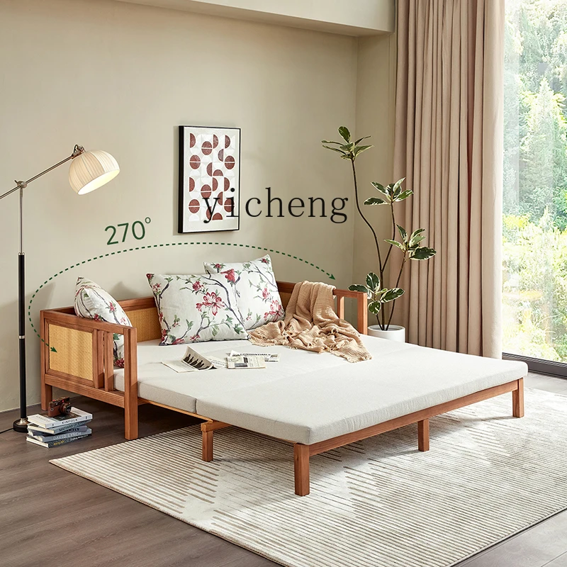 

FY Solid Wood Rattan Sofa Bed Extendable Bed Mobile Small Apartment Living Room Pull-out Extendable Bed