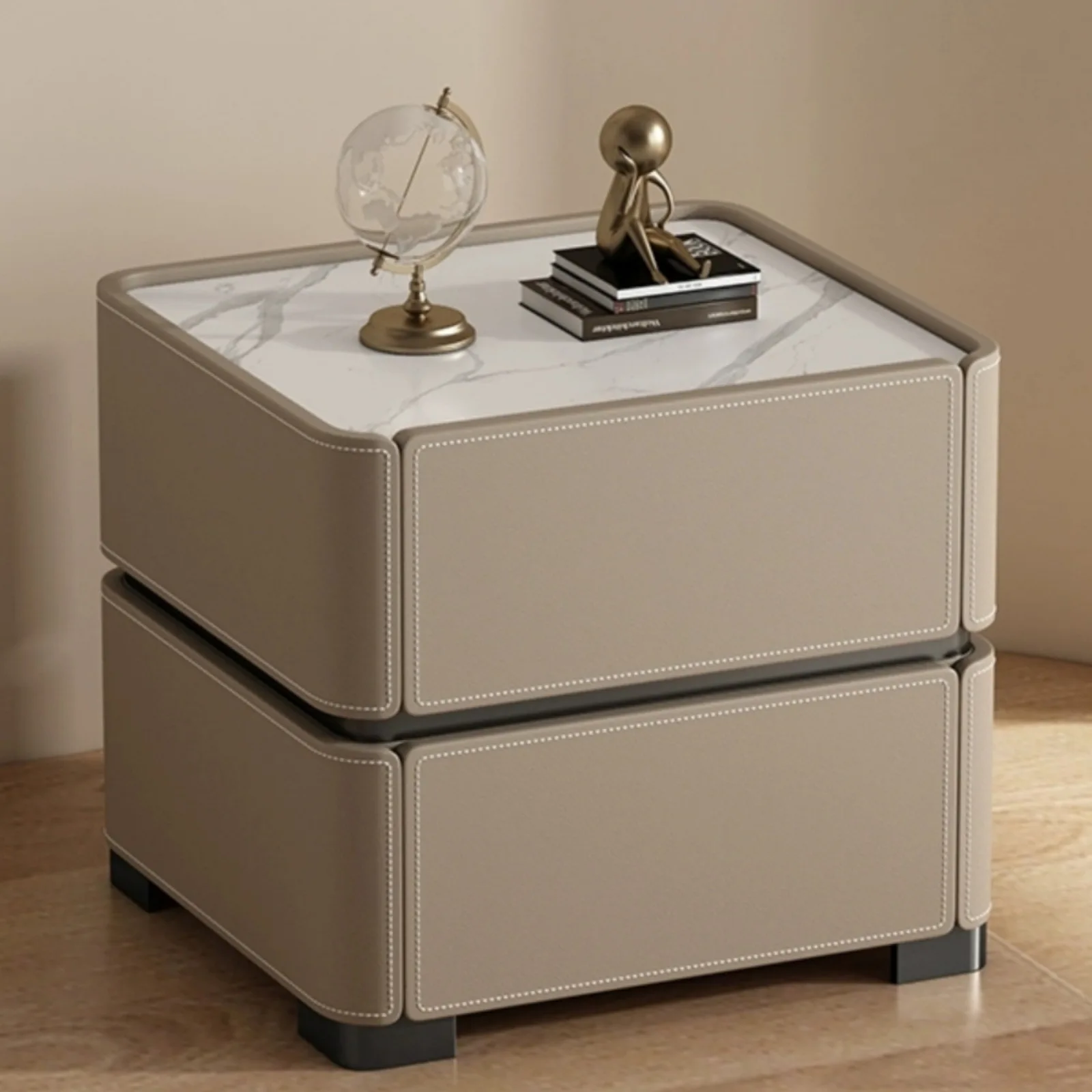 New saddle leather all solid wood bedside table creative bedroom fully equipped storage cabinet light luxury