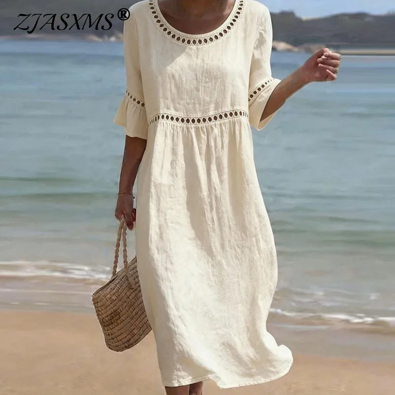 Ausgehöhltes A-Linien-Kleid aus Baumwolle und Leinen für Damen, Frühling, O-Ausschnitt, hohe Taille, lockeres Kleid, Sommer, ausgestellte Ärmel, Strand- und Urlaubskleid
