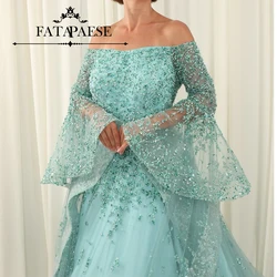 FATAPAESE Sparking Sage Prom Evening  Gown with Flowy SleevesOff-Shoulder Glitter Cathedral Tail  فساتين مناسبة رسميةFormal Ba