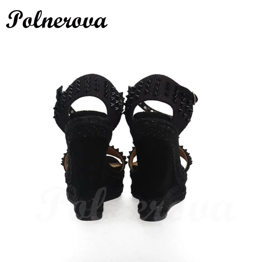 Black Studs Espadrilles Cool Rivet Round Toe Wedge Platform Sandals Summer Shoes Women Gladiator Sandals Summer Shoes for Women