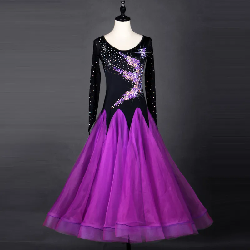 Round neck long sleeve ballroom dance dress with slant purple floral rhinestones,color‑contrast pointed full skirt,suitable for