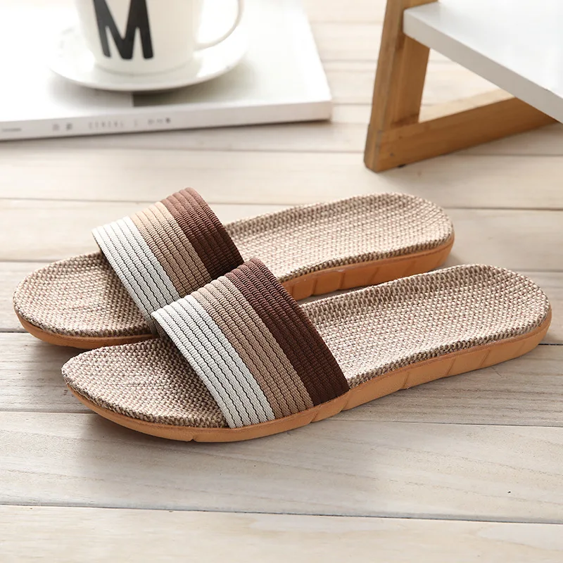 Summer Men Linen Slippers Beach Sandals Breathable Flat Shoes Striped Sandals Fashion Household Slippers Flip-Flops Shoes Slides