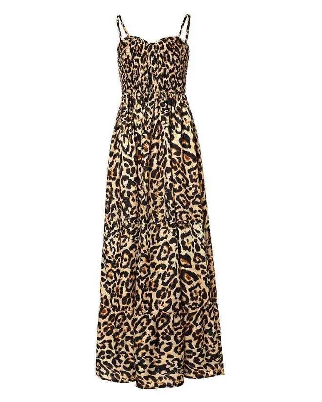 Women Fashion Sexy Leopard Print Shirred Cami Maxi Dress Daily Clothing 2024 Women's High Waist Vacation Casual A Line Dresses