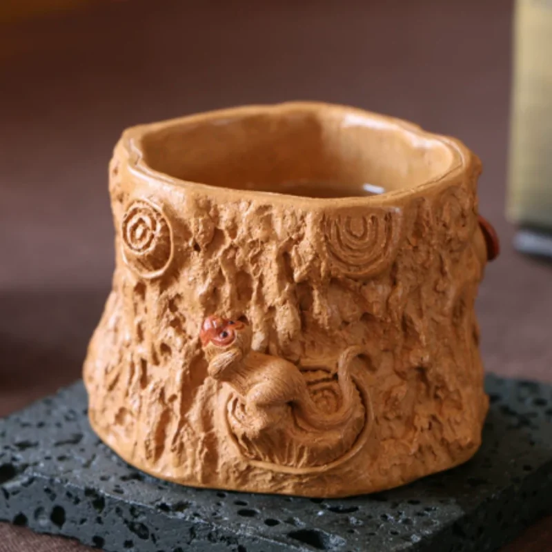 Traditional Yixing Zisha Tea Cup - Hand Carved Relief Monkey Tree Stump Design, Chinese Style Tea Set Accessory