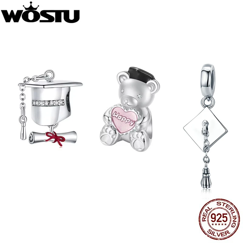 

WOSTU 925 Sterling Silver Graduation Student Gift Happy Pink Bear Charms Bead mortarboard Pendant Fit DIY Bracelet Necklace