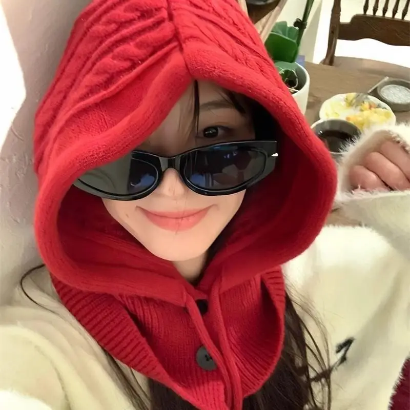 

Winter Knitted Hooded Caps for Women Balaclava Hats Outdoor Windproof Ear Protection Scarf Cap One-piece Neck Collar Beanie Caps