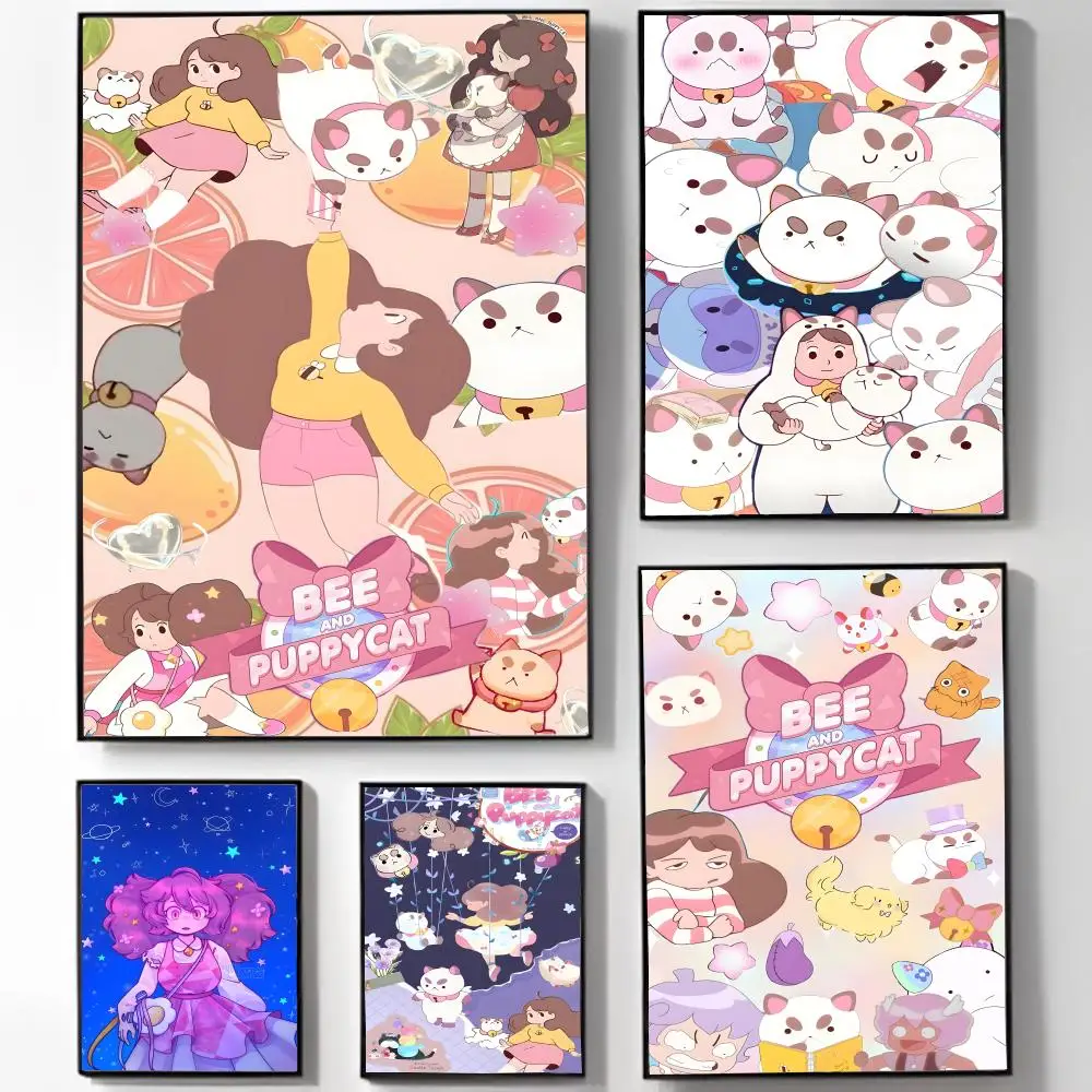 Fashion Cute Whimsical B-Bee And P-PuppyCat Poster High-definition Art Sticker Self Adhesive Waterproof Home Decoration