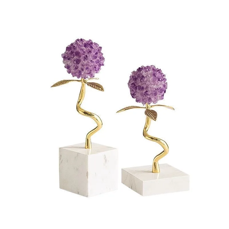 Marble Base Copper Branch Leaf Crystal Hydrangea Flower Decoration Home Livingroom Entrance Ornaments Hotel Office Desk Crafts