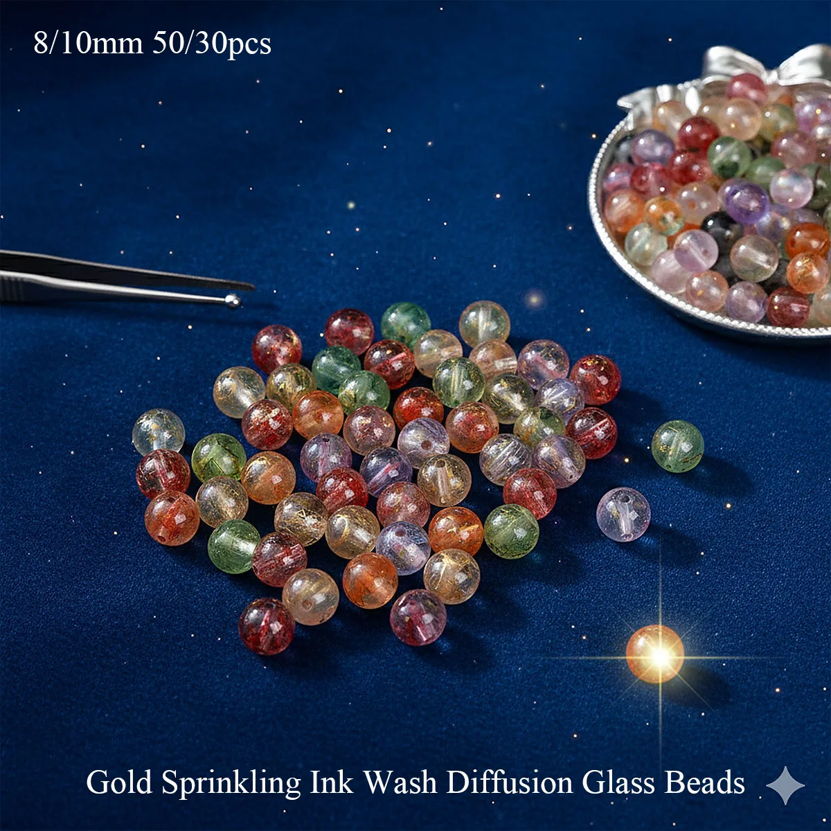 30/50pcs 8-10mm Gold Sprinkling Ink Wash Diffusion Glass Beads Round Loose Spacer Beads for DIY Bracelet Jewelry Making Craft