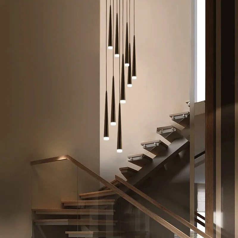 Staircase Rotating Chandelier Tapered Tube Black LED Kitchen Island Hanging Lamp Dining Room Coffee Shop Decoration Modern Light