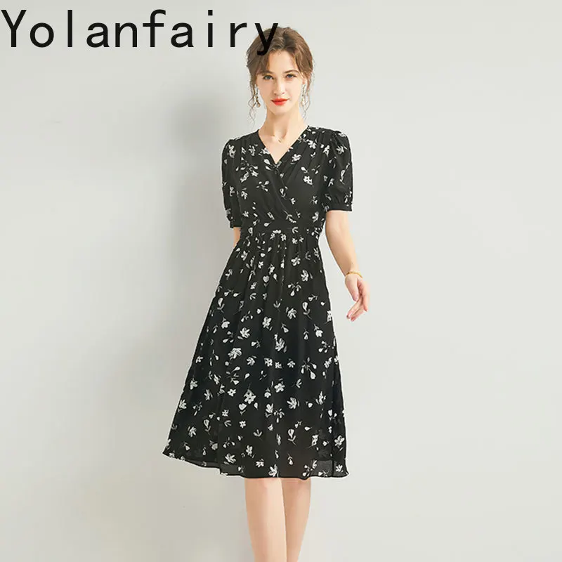 YOLANFAIRY New 100% Real Mulberry Silk Black Dress Summer 2025 Elegant Dresses for Woman Lace-up Floral A-line Dress sommerkleid