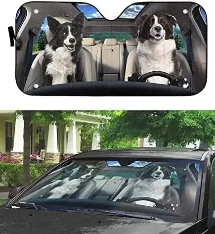 Border Collie Happy Couple Driving Sunshade for Car Windshield, Dog Lovers Dog Dad Dog Mom Gifts, 3D Border Collie Sunshade, Uv