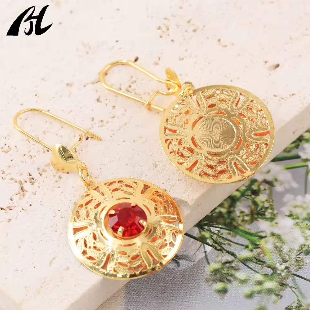 New brass 18K gold plated earrings Fashion round natural stone turquoise pendant earrings women\'s jewelry