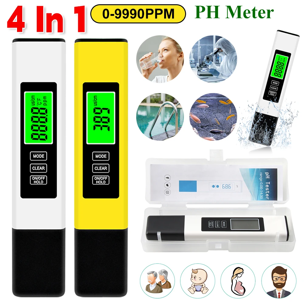 

4 in 1 TDS Meter Digital Water PH Meter 0-9990PPM High Precision Digital Water Quality Tester Aquarium Swimming Pool PH Tester