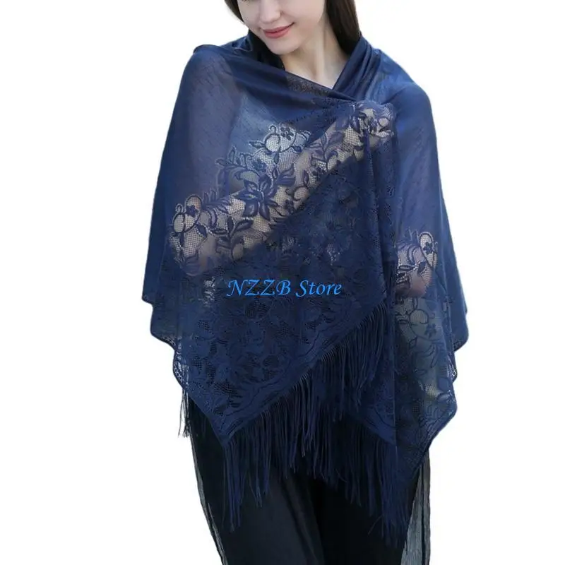 

T21F Breathable Woman Summer Shawl with Lace Trim Outdoor Anti-Uv Wedding Party Shawl
