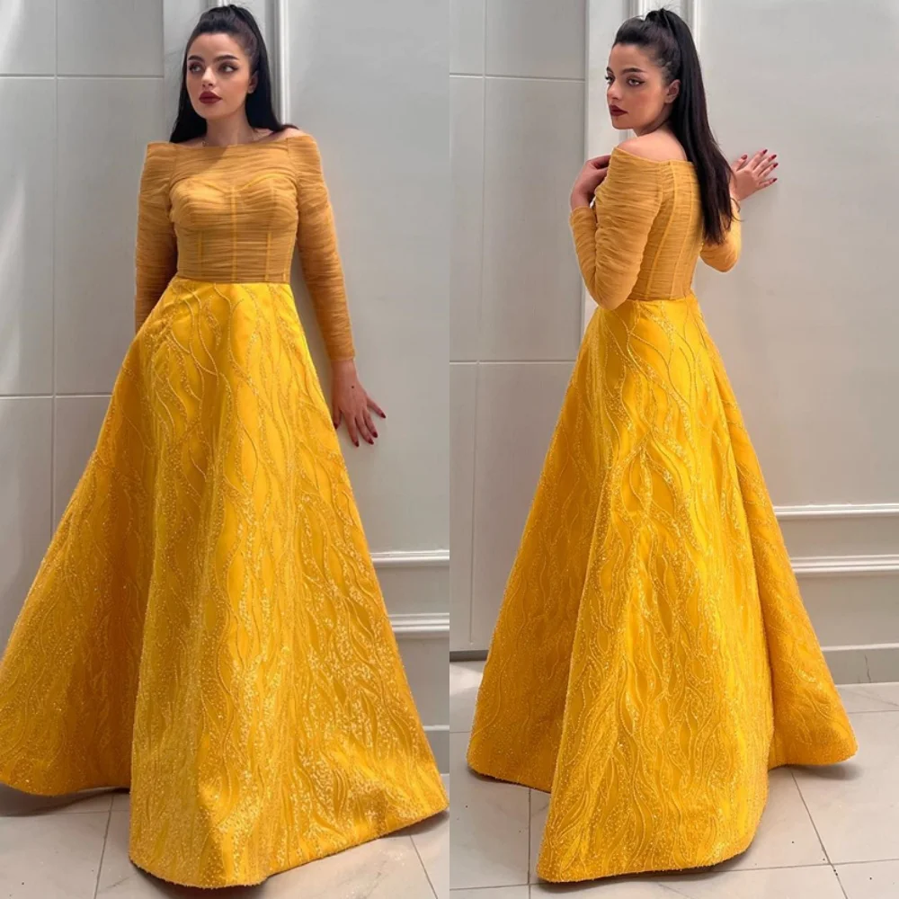 

Customized Sparkly Yellow Satin Celebrity Gowns Elegant Long Sleeves Evening Dress Fashion Sweep Train Vestido De Festa