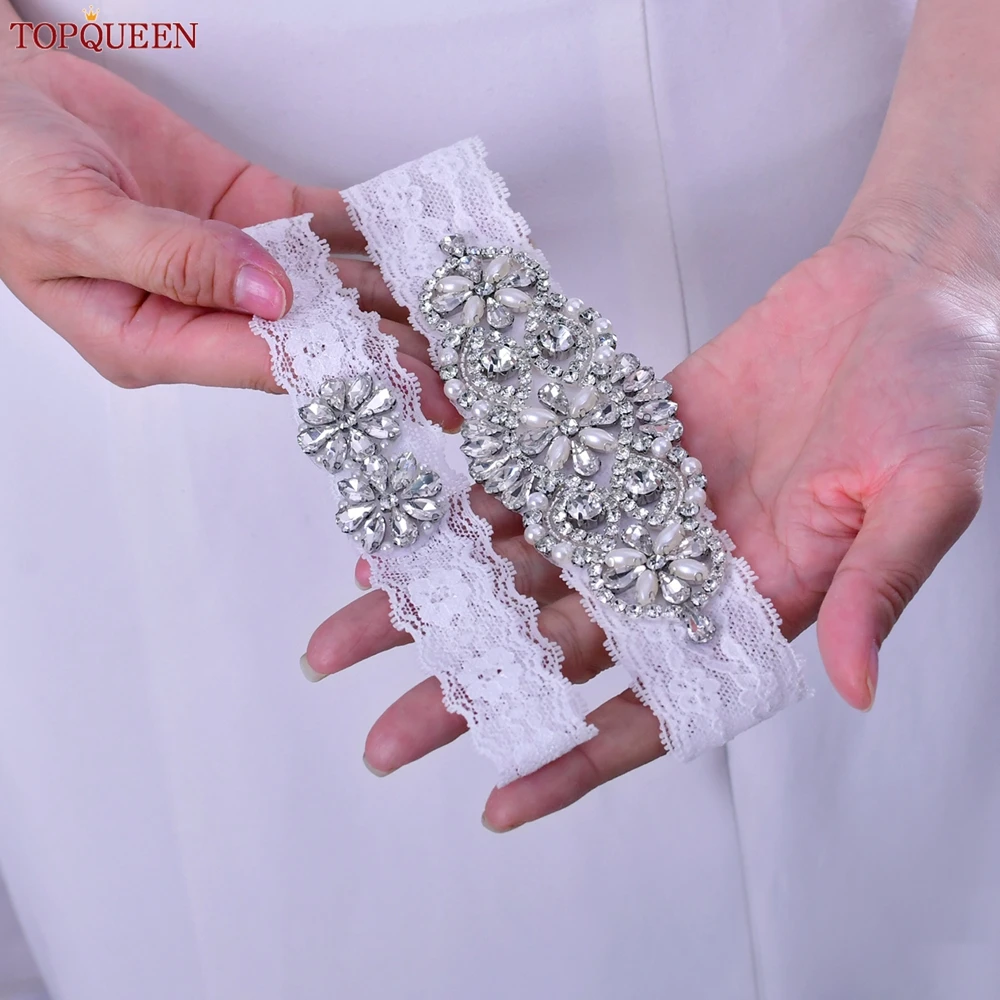 TOPQUEEN-liguero de boda hecho a mano para mujer, encaje elástico, apliques de diamantes de imitación, Liga de pierna nupcial, arnés de muslo para novia, cinturón S76